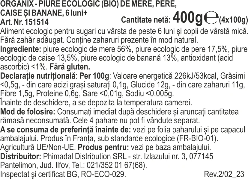 Piure eco de mere, pere, caise si banane +6 luni, 4x100g, Organix