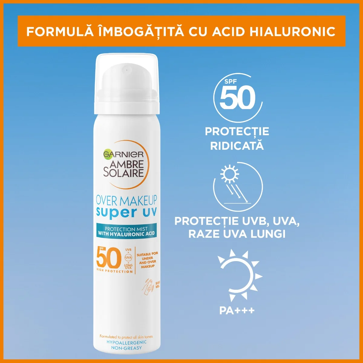 Spray pentru fata Ambre Solaire Over Makeup SPF50+, 75ml, Garnier