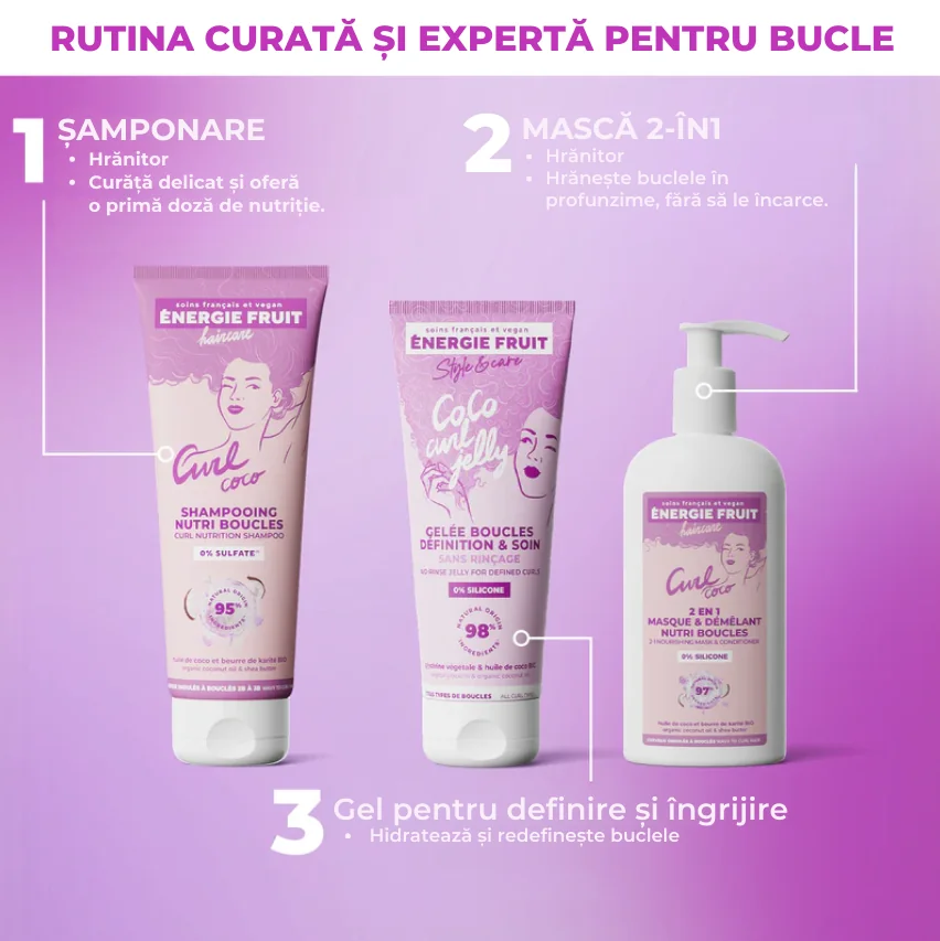 Masca balsam 2 in 1 pentru par ondulat sau cret cu Ulei de cocos organic si Unt de shea, 300ml, Energie Fruit