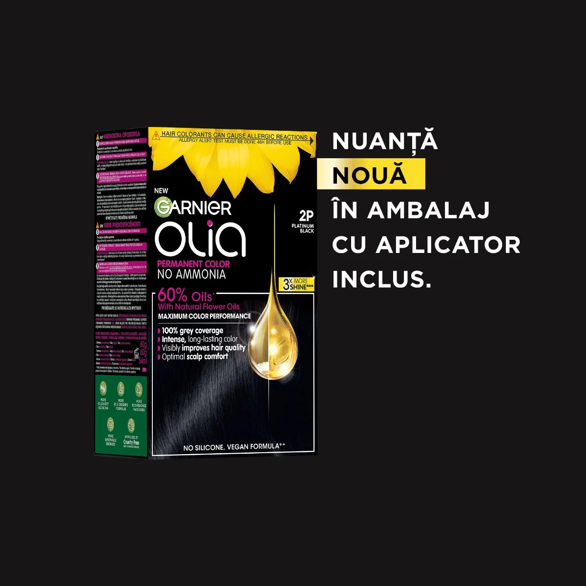 Vopsea de par permanenta fara amoniac 2P Platinum Black Olia, 174ml, Garnier
