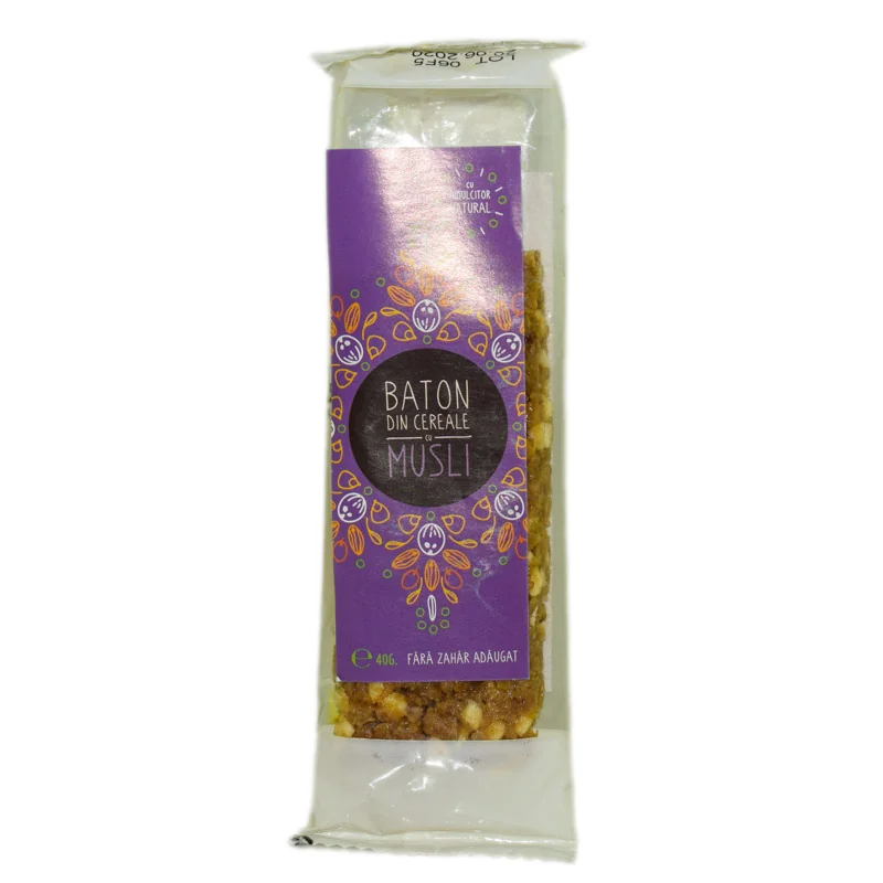 Baton musli cu indulcitor natural - stevie si erytrithol, 40g, Sweeteria
