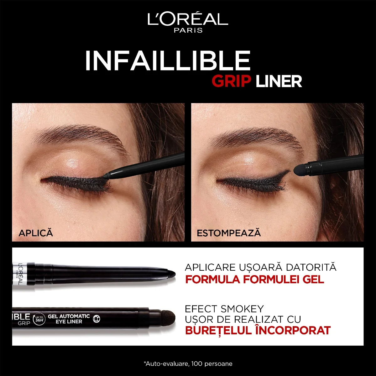 Creion mecanic de ochi gel Infaillible 36H Grip Intense Black, 1.2g, L'Oreal Paris
