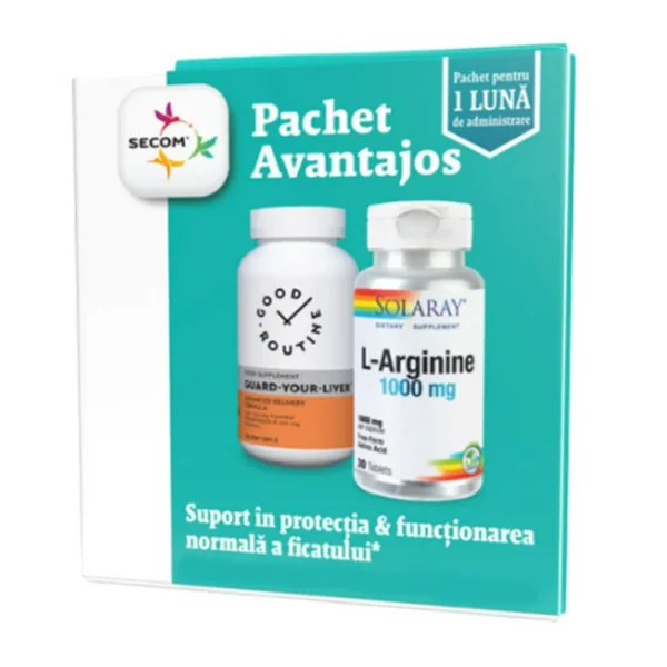 Pachet L-Arginine 1000mg RapidSolv Solaray, 30 tablete + Guard Your Liver Good Routine, 30 capsule, Secom