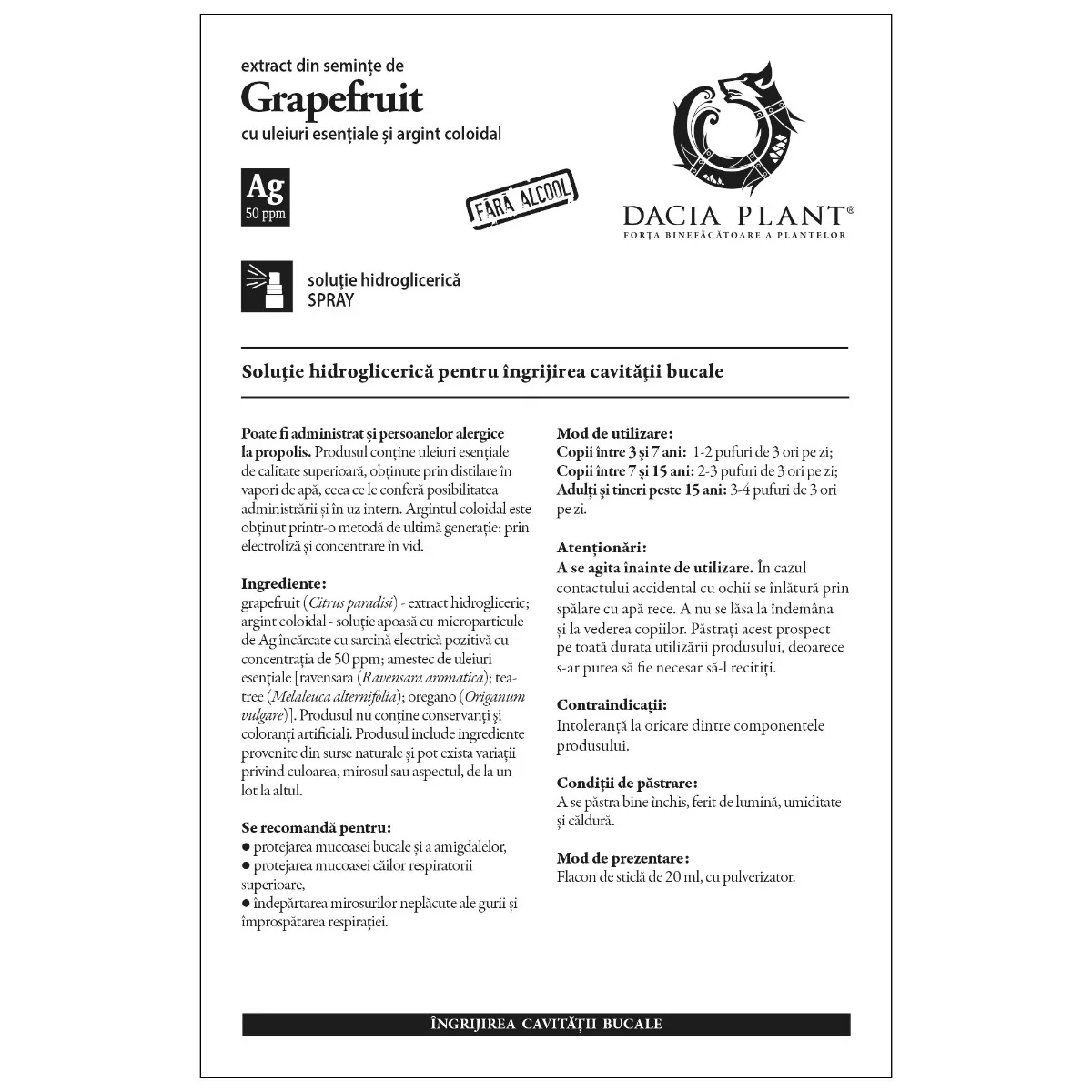 Extract din seminte de Grapefruit cu argint coloidal spray, 20 ml, Dacia Plant
