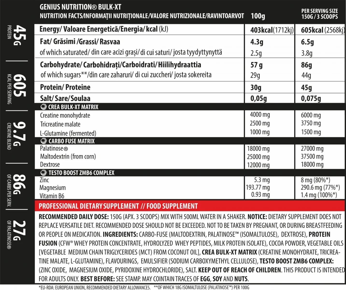 Pudra proteica cu aroma de ciocolata Bulk-XT, 400g, Genius Nutrition