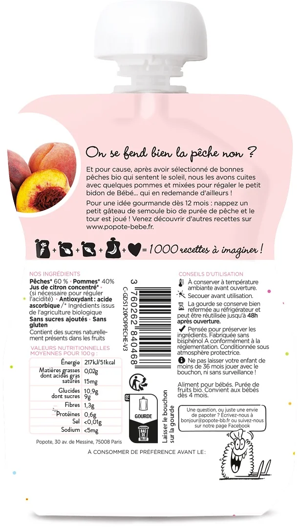 Piure cu piersici 4-6 luni Bio, 120g, Popote
