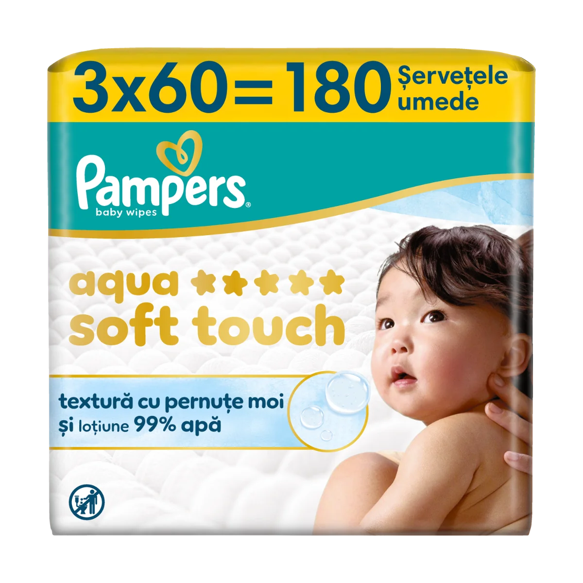 Servetele umede cu 99% apa si lotiune usoara Aqua Soft Touch, 180 bucati, Pampers
