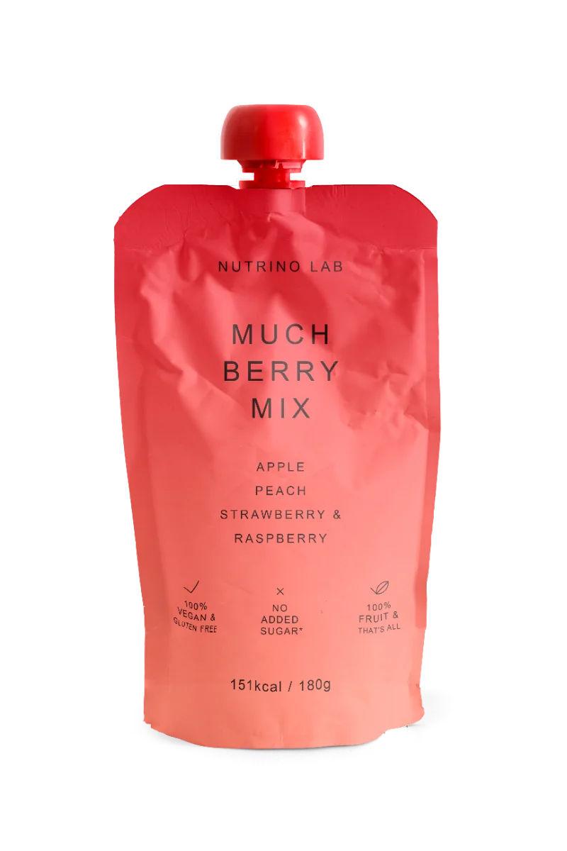 Piure pasteurizat din fructe cu mere piersici capsuni si zmeura, 180g, Nutrino Lab