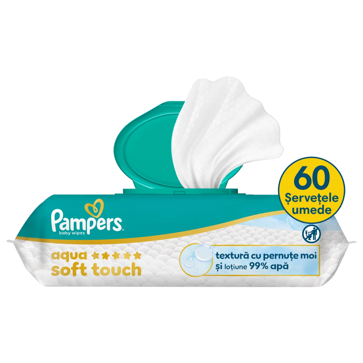Servetele umede cu 99% apa si lotiune usoara Aqua Soft Touch, 60 bucati, Pampers