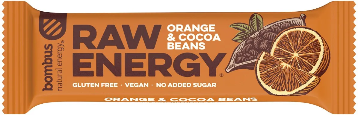Baton proteic cu boabe de cacao si portocale Raw Energy, 50g, Bombus