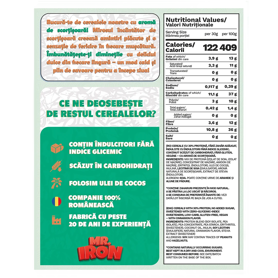 Cereale cu 30% proteina fara zahar low-carb gluten free si vegane Scortisoara, 250g, Mr. Iron