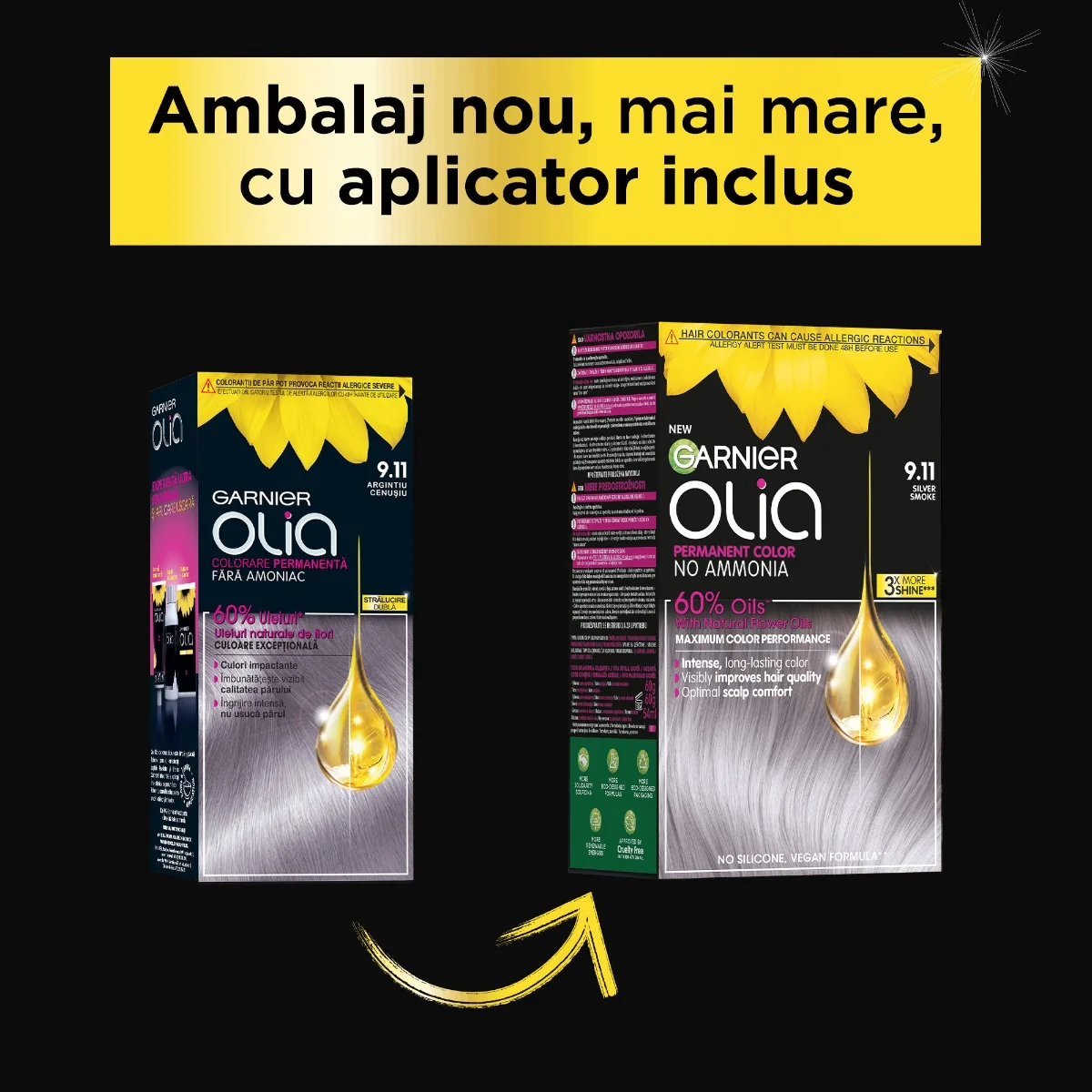 Vopsea de par permanenta fara amoniac Olia 9.11 Silver Smoke, 174ml, Garnier