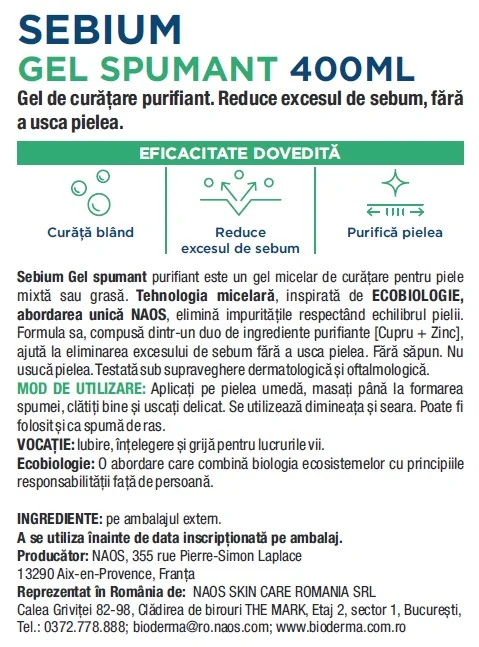 Gel spumant pentru piele mixta si grasa Sebium, 400ml, Bioderma