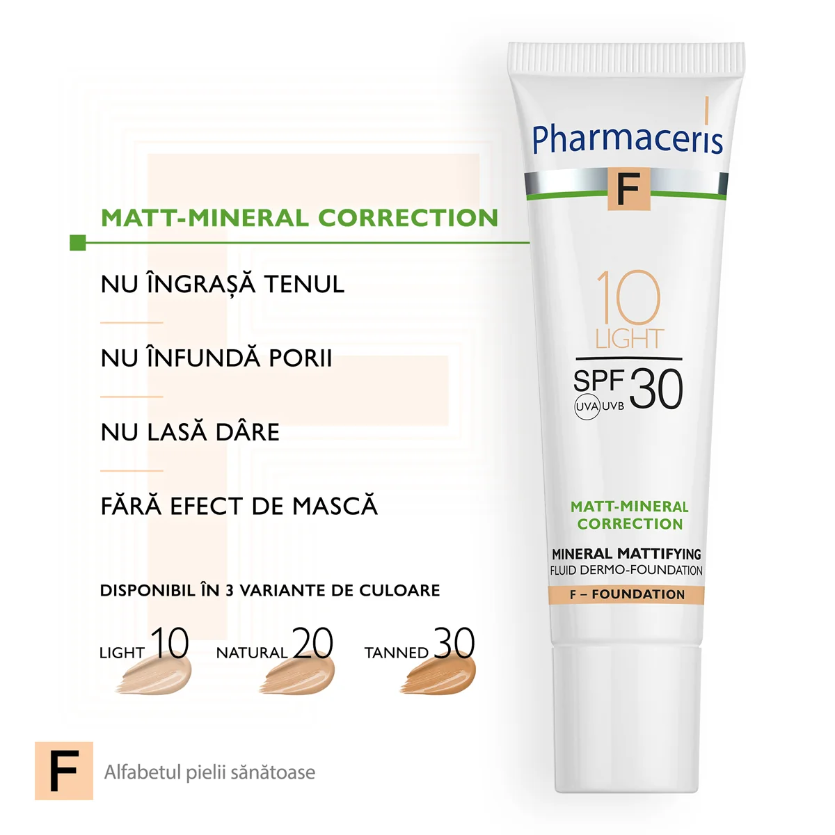 Fond de ten fluid matifiant mineral SPF30 10 Light F, 30ml, Pharmaceris