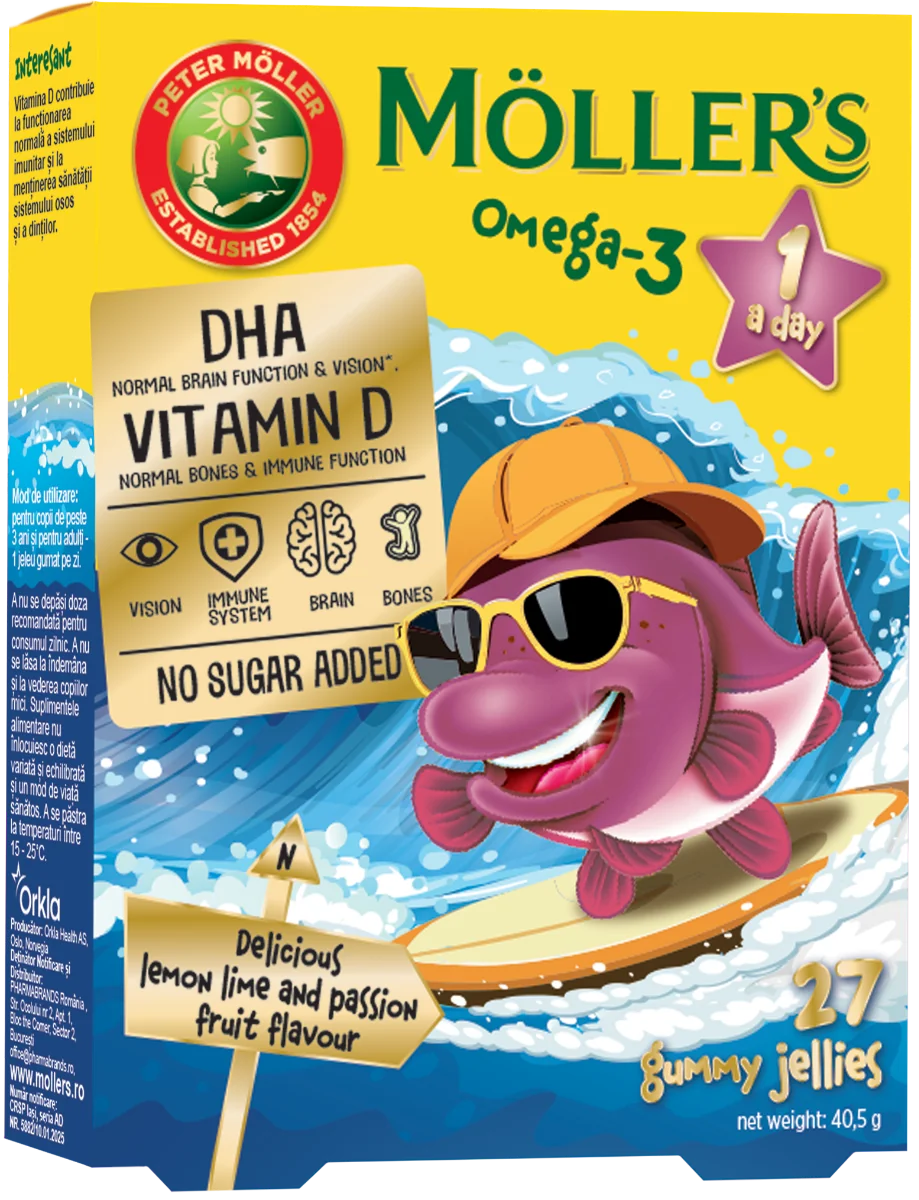 Pestisori gumati Omega 3 cu lemon lime si fructul pasiunii, 27 jeleuri, Moller's