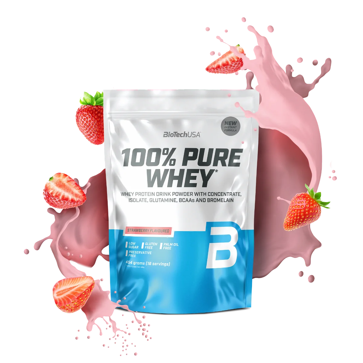 Pudra proteica 100% Pure Whey cu aroma de capsuni, 454g, BioTechUSA