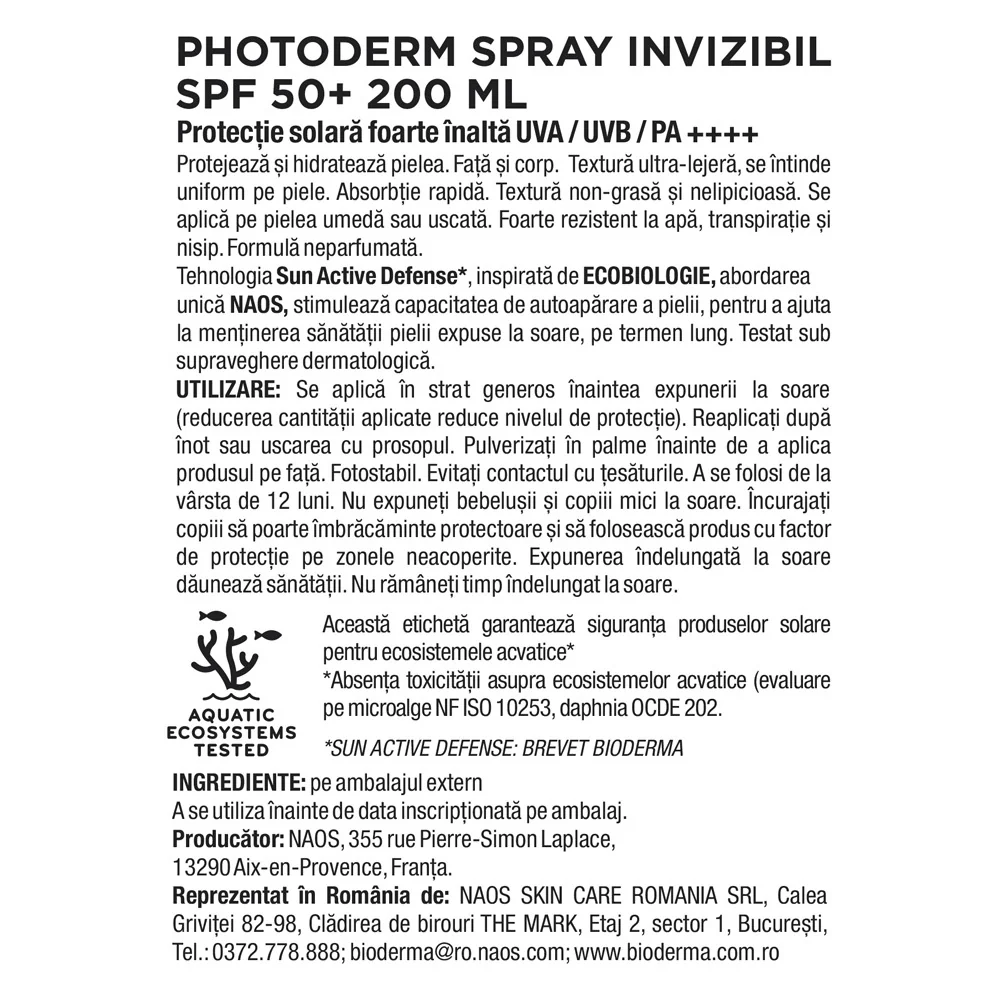 Spray invizibil cu SPF50+ Photoderm, 200ml, Bioderma