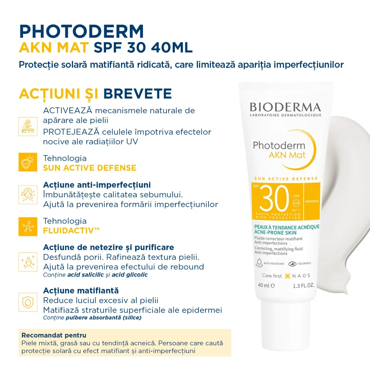 Fluid matifiant SPF 30 Photoderm AKN MAT, 40ml, Bioderma