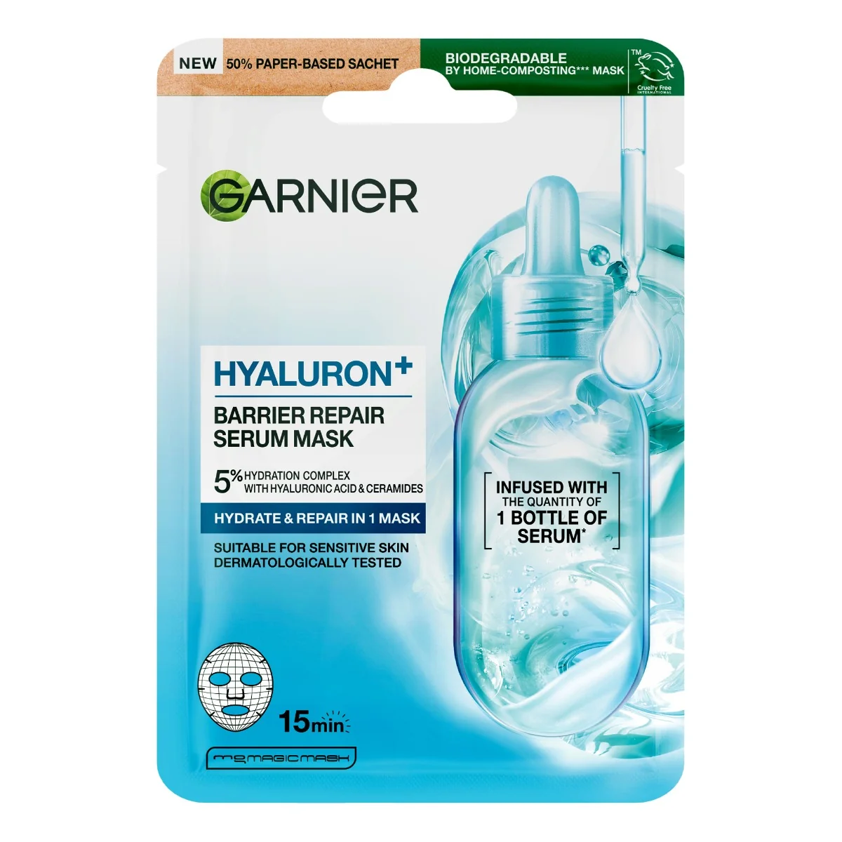 Masca servetel cu efect de hidratare Hyaluron Barrier Repair, 28g, Garnier