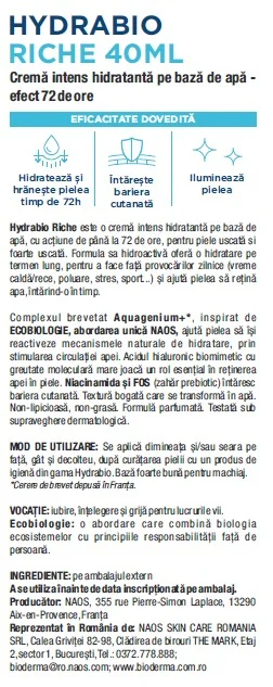 Crema intens hidratanta pe baza de apa cu efect 72h pentru piele deshidratata uscata si foarte uscata Hydrabio Riche, 40ml, Bioderma