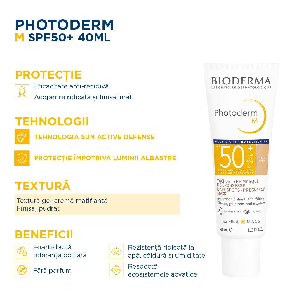 Fotoprotectie colorata SPF 50+ Photoderm M, 40ml, Bioderma
