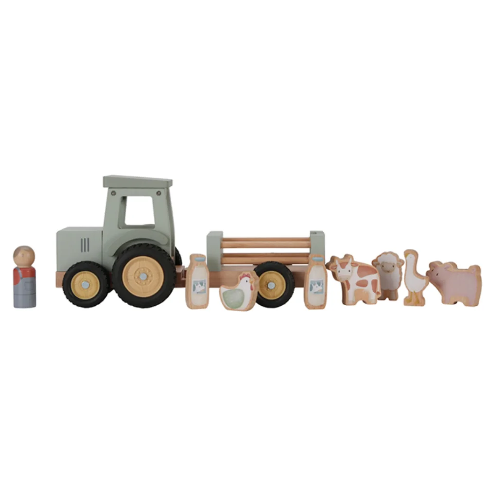 Tractor din lemn FSC cu remorca Little Farm, 1 bucata, Little Dutch