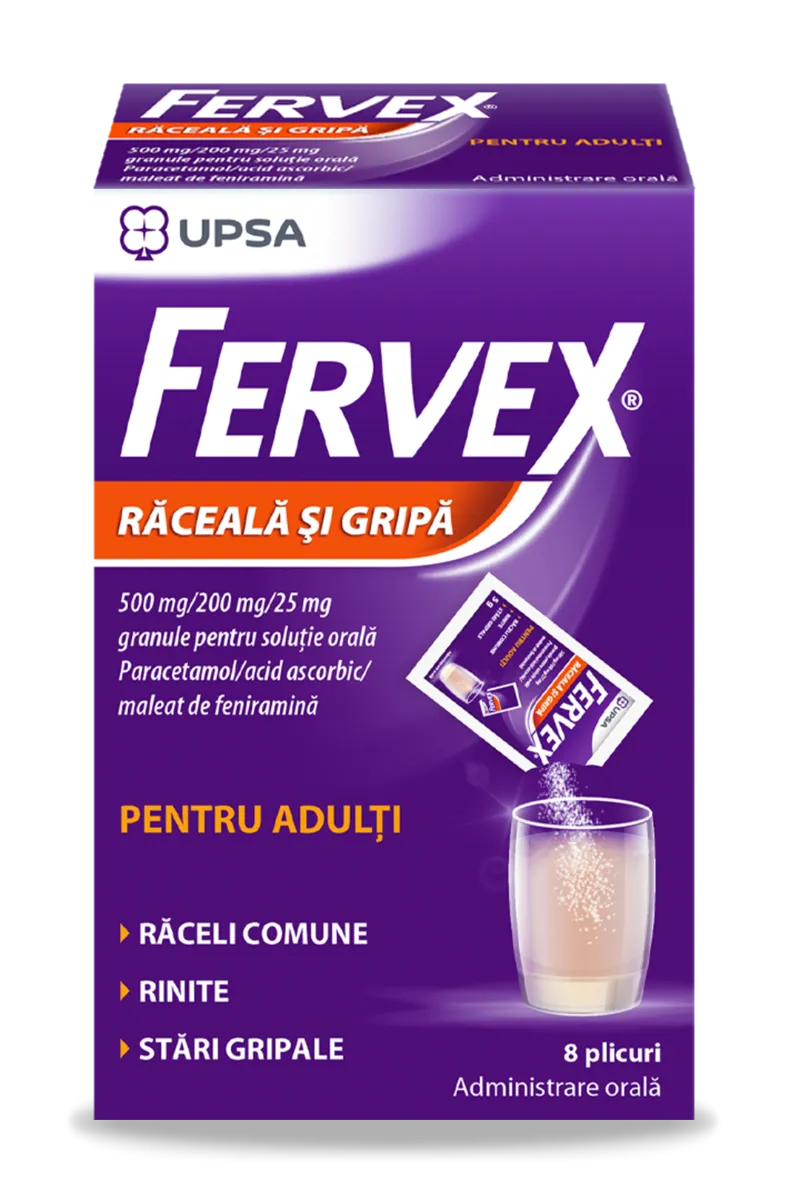 Fervex raceala si gripa pentru adulti, 500mg/200mg/25mg, 8 plicuri, Upsa 