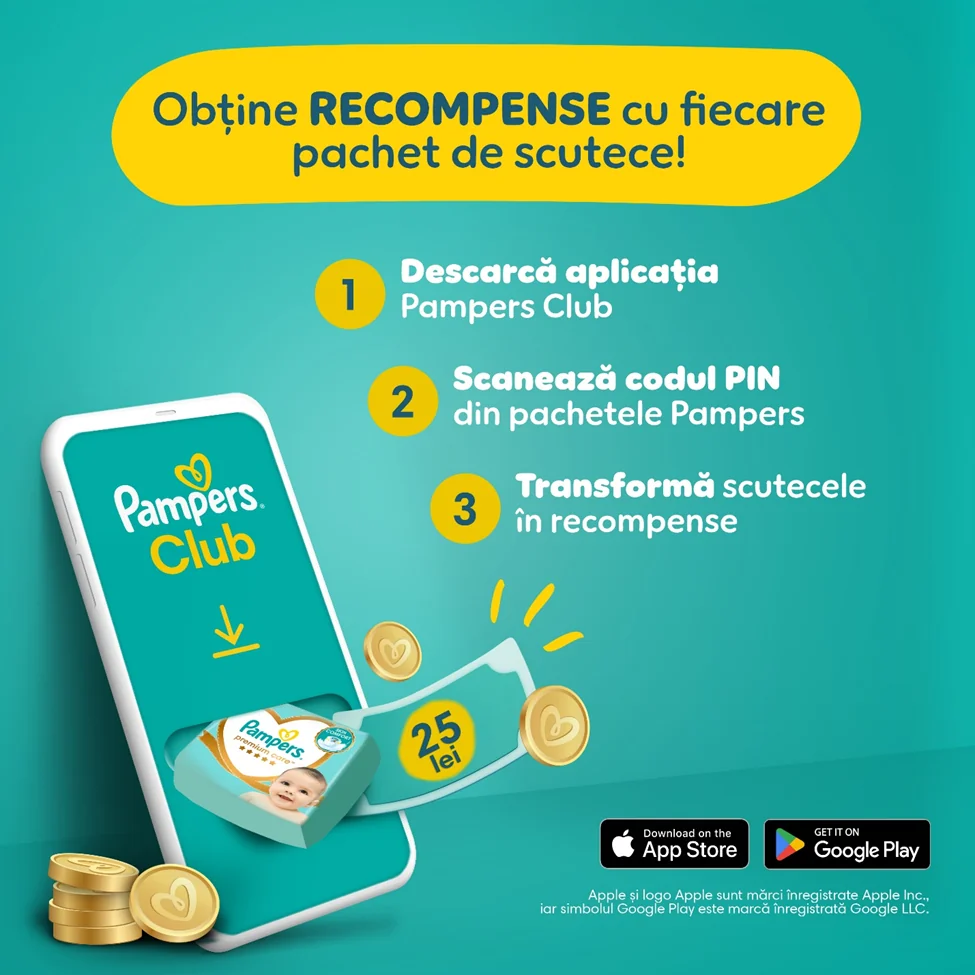 Promovare Pampers Club: descarci aplicatia, scanezi codul si transformi scutecele in recompense. Promovare Pampers Club: descarci aplicatia, scanezi codul si transformi scutecele in recompense.