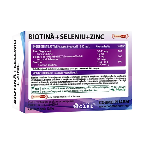 Biotina + Seleniu + Zinc, 30 capsule vegetale, Cosmopharm