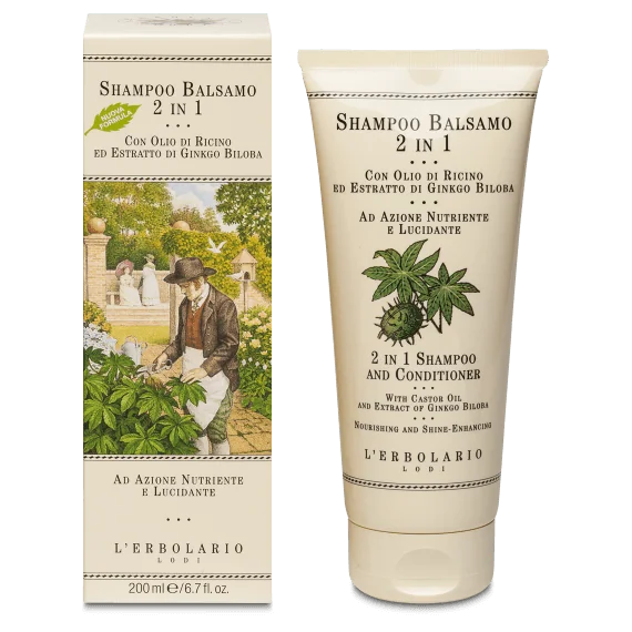 L'Erbolario 2 in 1 Sampon si Balsam cu ricin si ginko biloba, 200ml