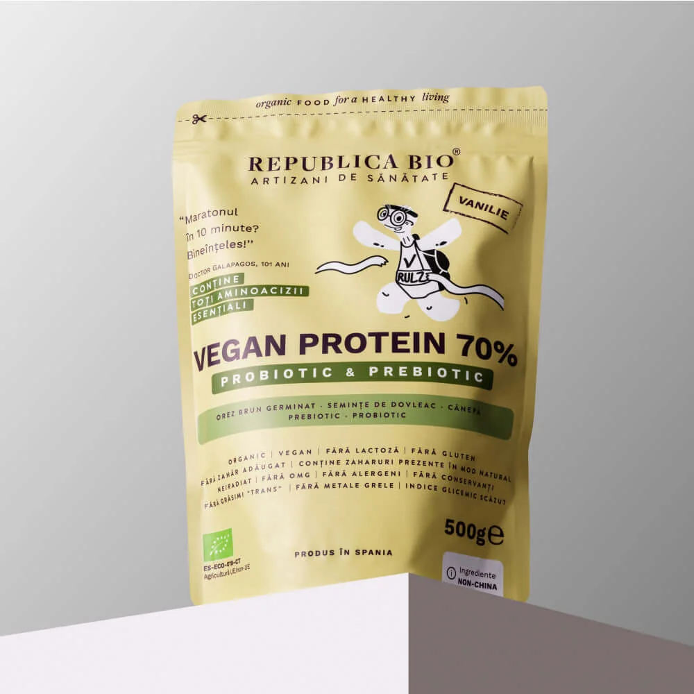 Vegan Protein 70% Probiotic & Prebiotic vanilie ecologica, 500g, Republica Bio