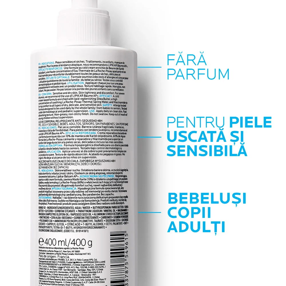 Lapte de corp pentru piele uscata Lipikar, 400ml, La Roche-Posay
