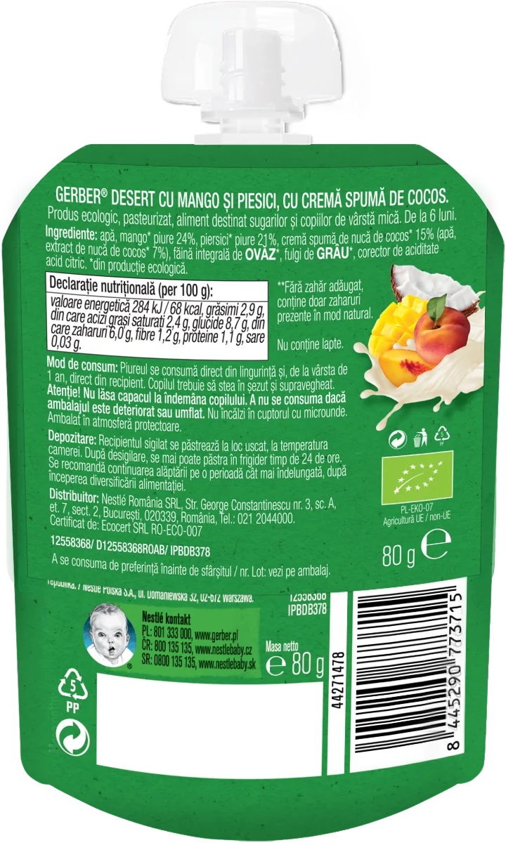Pouch din mango si piersici Bio de la 6 luni, 80g, Gerber