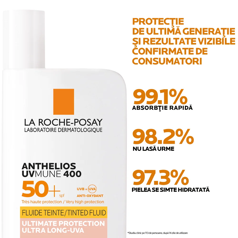 Fluid colorat cu protectie solara SPF 50+ textura ultra-fluida pentru ten sensibil Anthelios UV-Mune 400, 50ml, La Roche-Posay