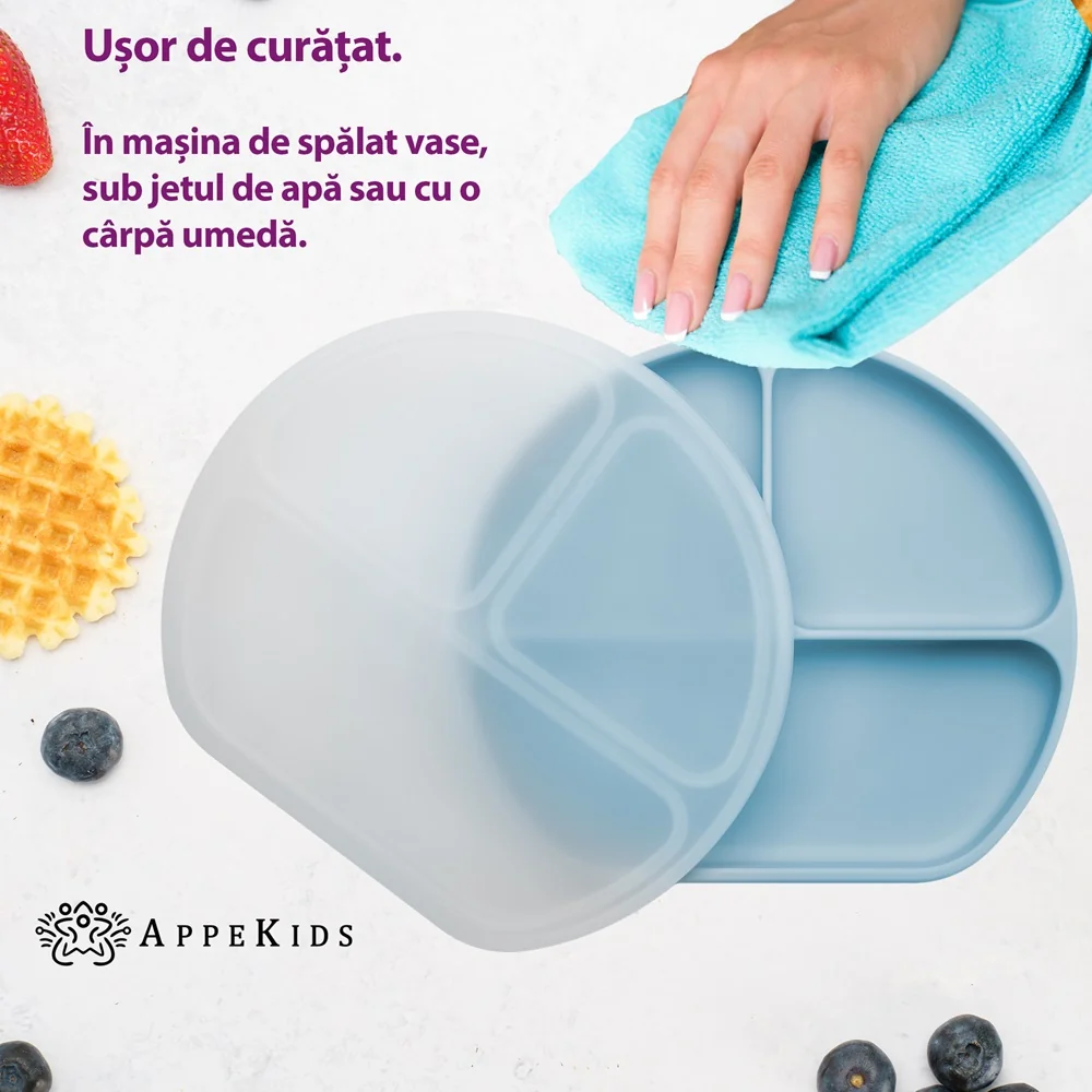 Farfurie compartimentata din silicon cu ventuza si capac Aqua Blue 6 luni+, 1 bucata, Appekids