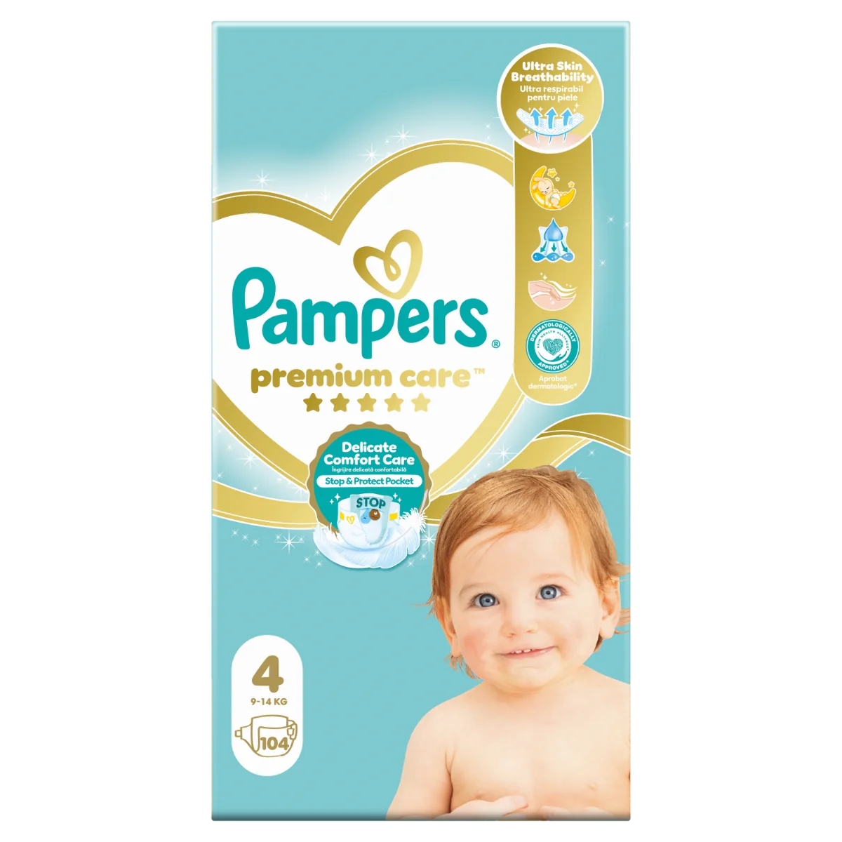 Scutece Premium Care Nr.4 pentru 9-14 kg, 104 bucati, Pampers