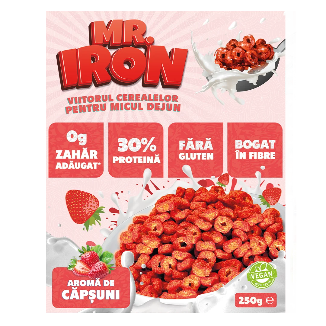 Cereale cu 30% proteina fara zahar low-carb gluten free si vegane Capsuni si Mar, 250g, Mr. Iron