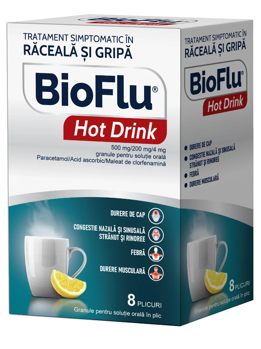 Bioflu Hot Drink 500 mg/200 mg/4 mg granule pentru solutie orala, 8 plicuri, Biofarm