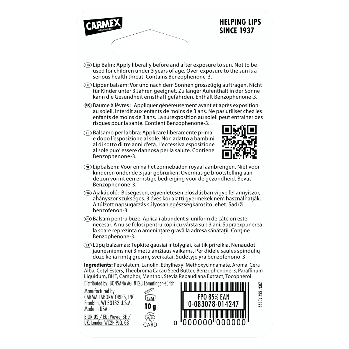 Balsam pentru buze cu SPF15 si aroma de capsuni, 10g, Carmex