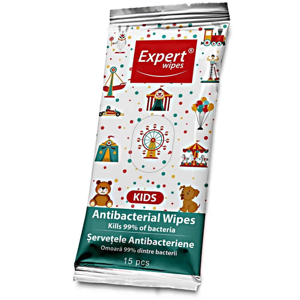 Pachet 3 la pret de 2 Servetele antibacteriene pentru copii, 15 bucati, Expert Wipes