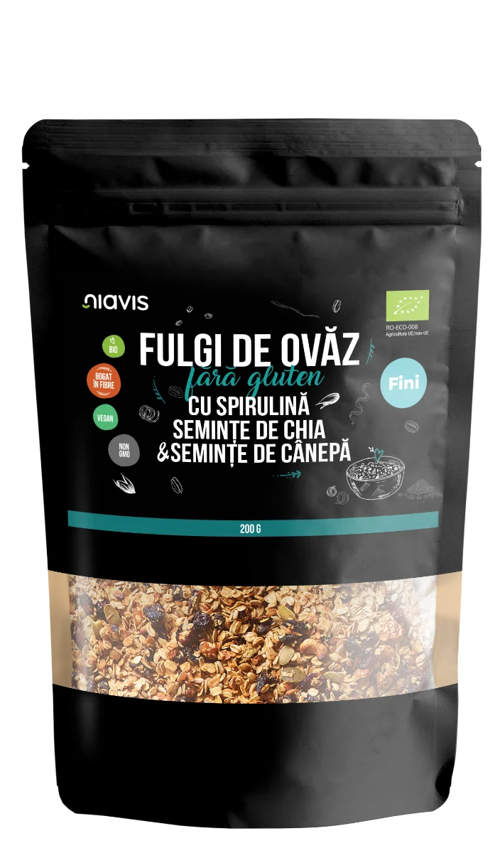 Fulgi de ovaz fini fara gluten cu spirulina, chia si seminte de canepa Eco, 200g, Niavis