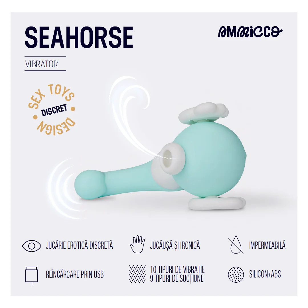 Vibrator clitoridian cu 9 niveluri de aspiratie si 10 tipuri de vibratie Seahorse, 1 bucata, Ammicco