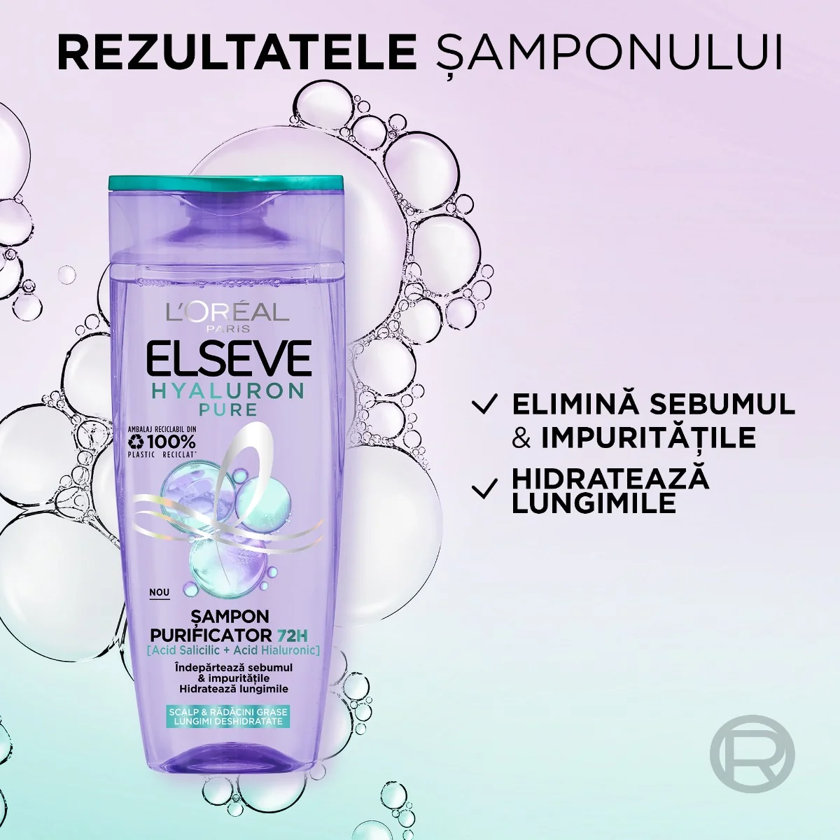 Sampon purificator pentru scalp si radacini grase cu lungimi deshidratate Hyaluron Pure, 400ml, Elseve