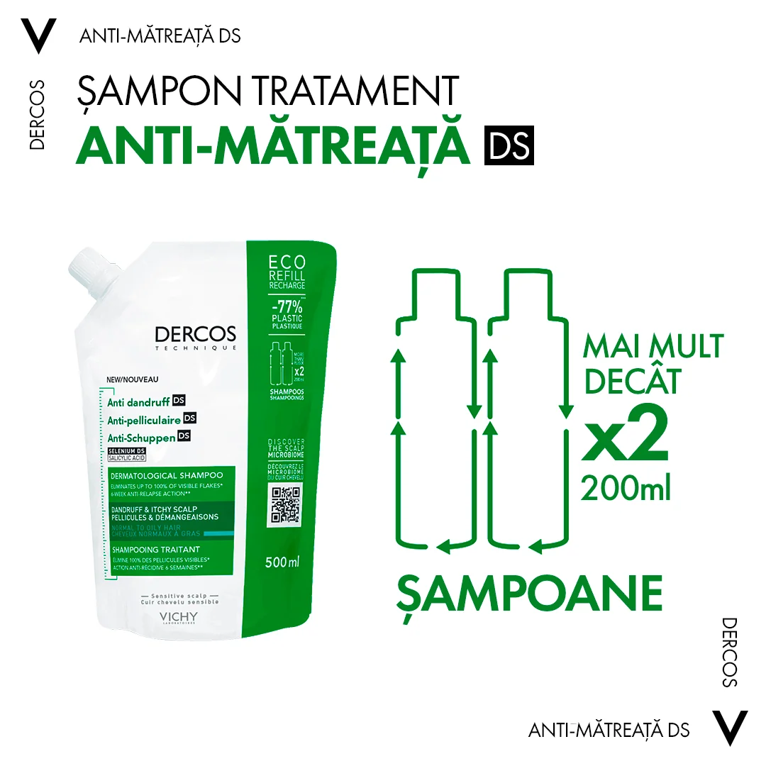 Rezerva sampon anti-matreata pentru par normal-gras Eco Dercos, 500ml, Vichy