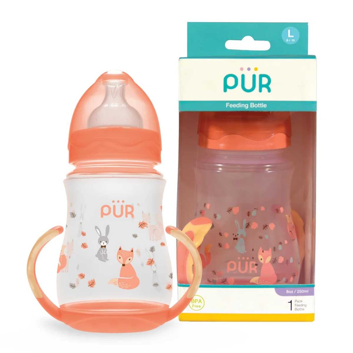 Biberon cu gura larga desen si manere +6luni, 250ml, PUR