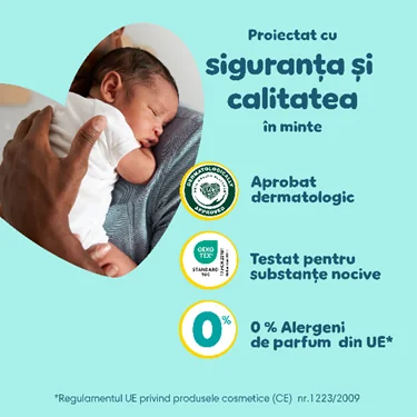 Scutece Pampers proiectate pentru siguranta si calitate, aprobate dermatologic, testate pentru substante nocive si fara alergeni de parfum.