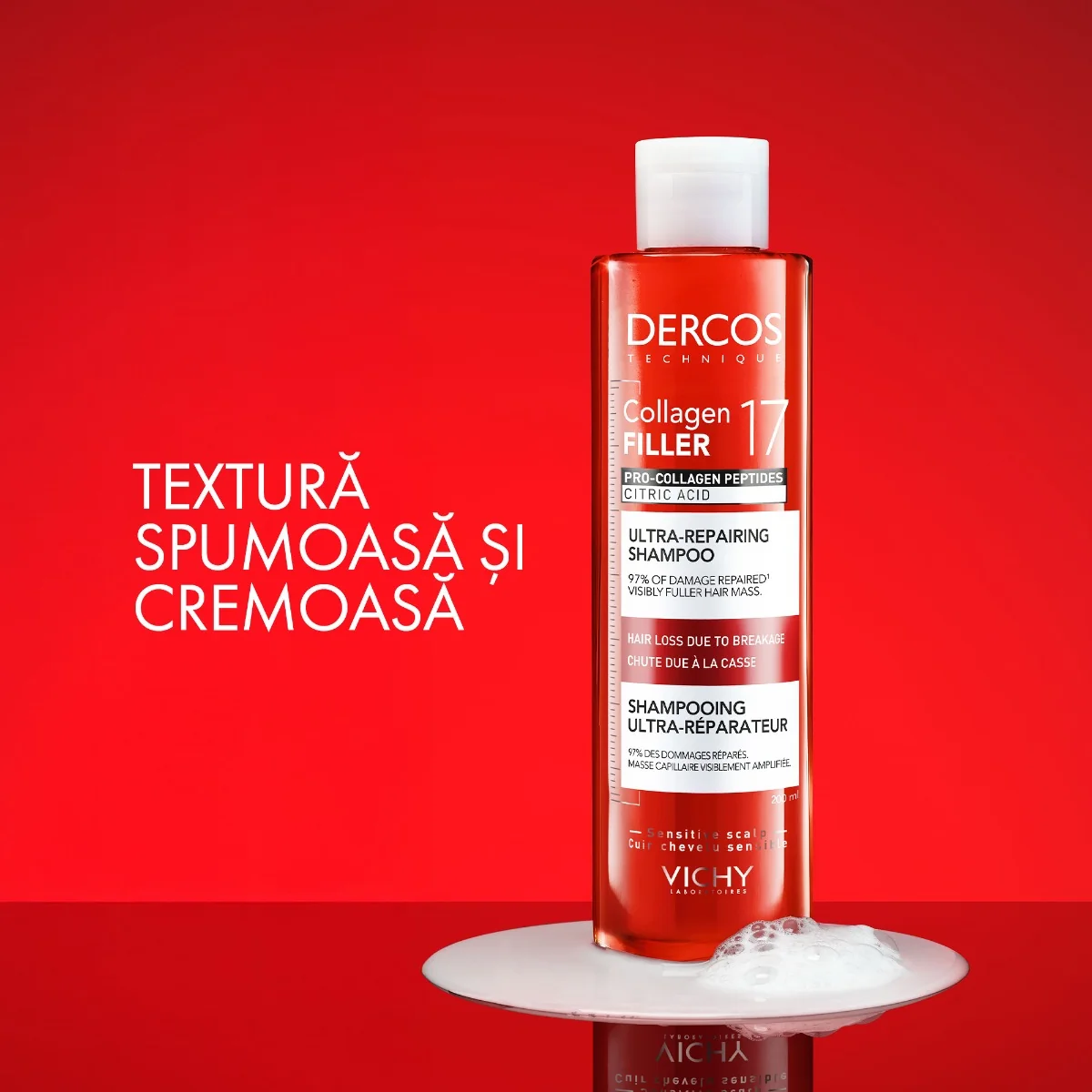 Sampon ultra-reparator pentru par deteriorat si fragil Dercos Collagen 17 Filler, 200ml, Vichy