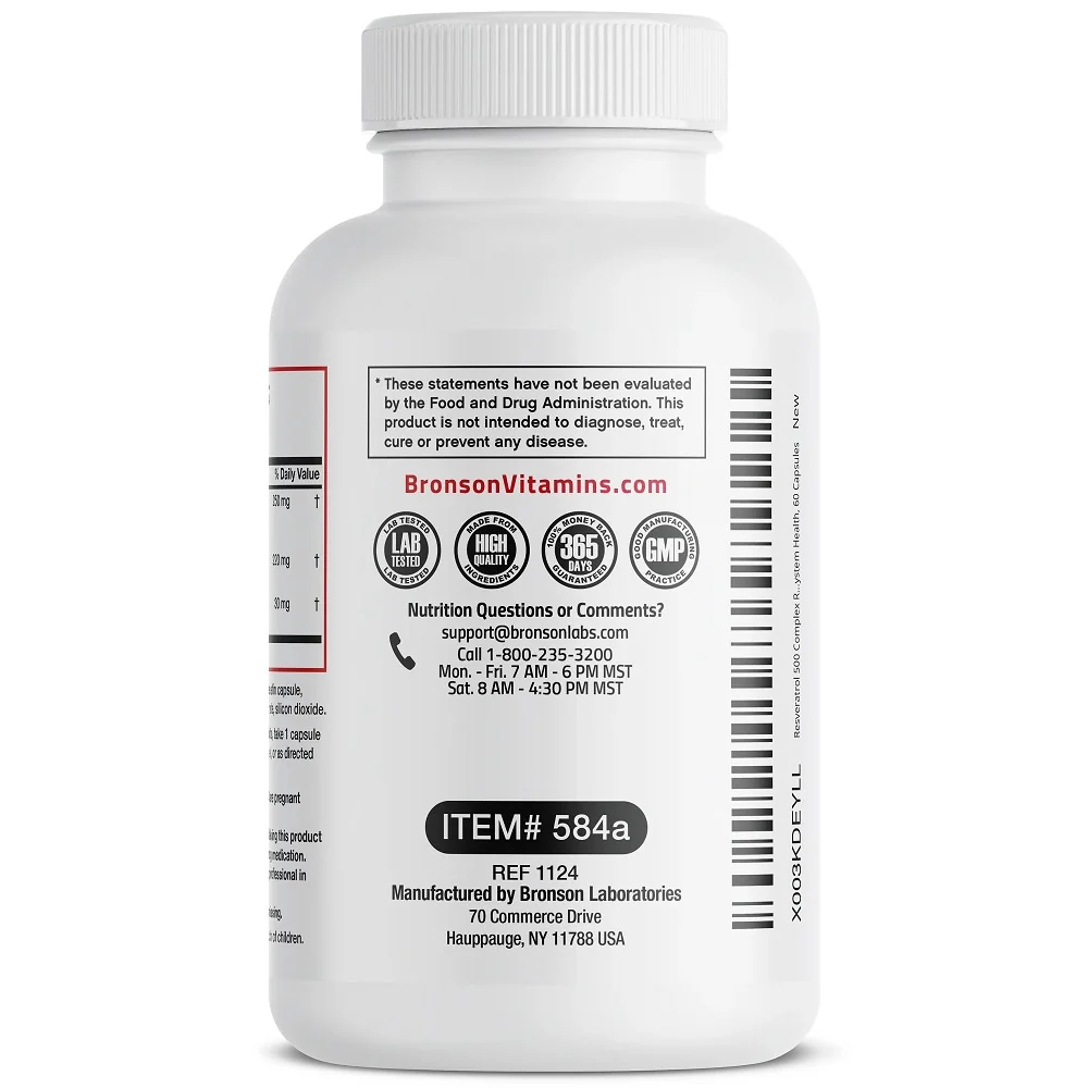 Resveratrol 500mg Complex Trans-Resveratrol 250mg, 60 capsule, Bronson Laboratories