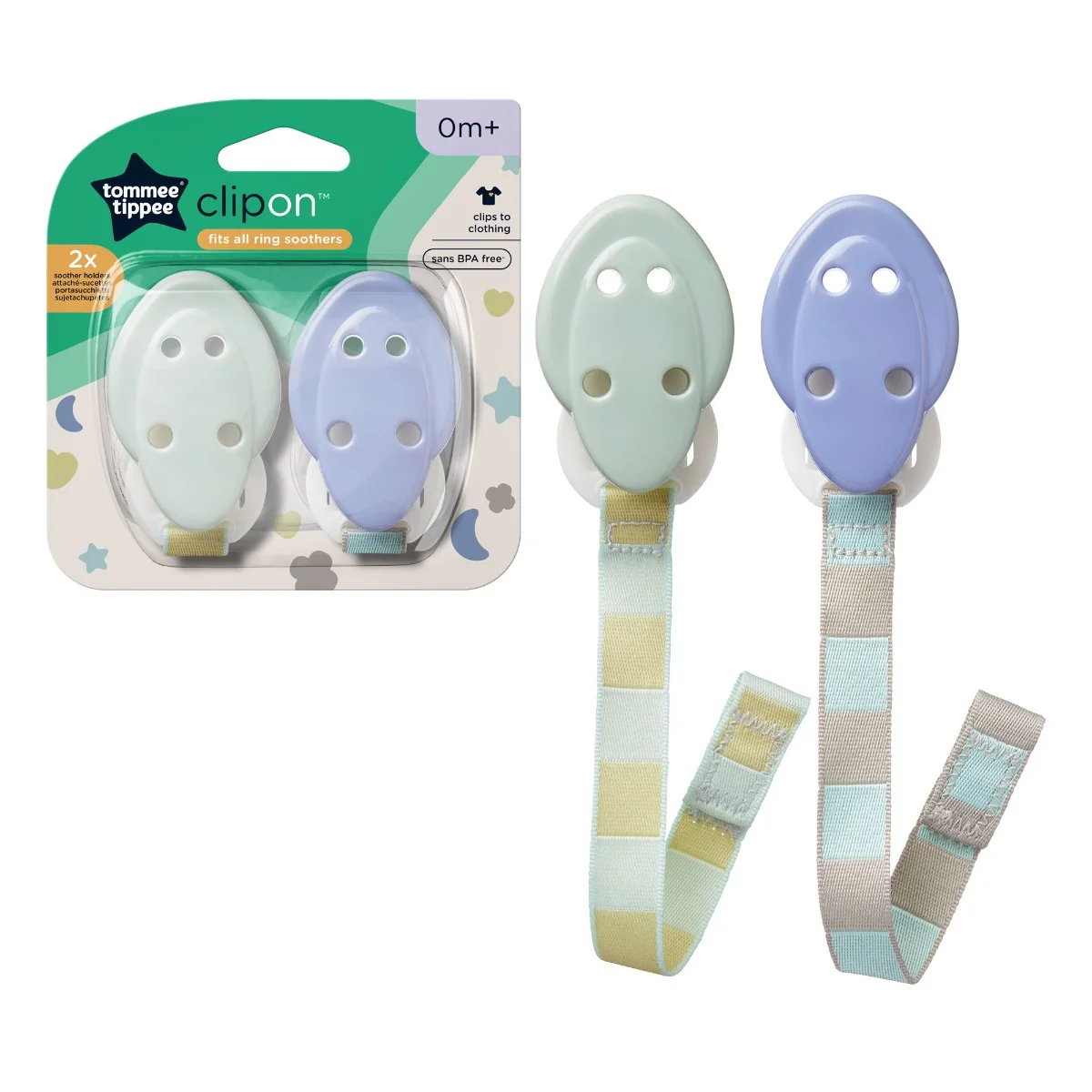 Suport pentru suzete pentru +0 luni Verde/Mov, 2 bucati, Tommee Tippee