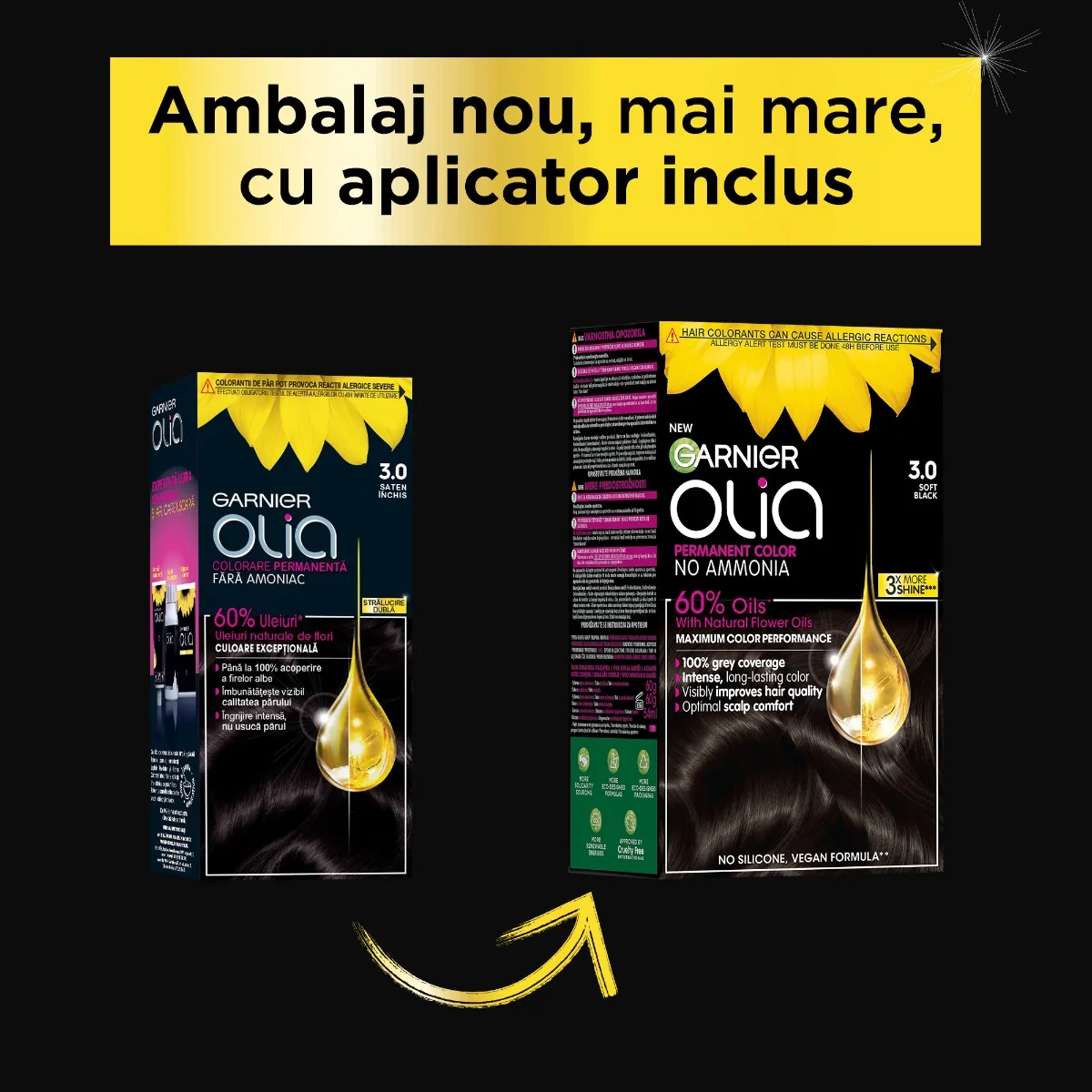 Vopsea de par permanenta fara amoniac 3.0 Soft Black Olia, 174ml, Garnier